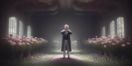<lora:15MovingMeditations:1>meditation scene: a man standing in a room with a bunch of flowers in his hand