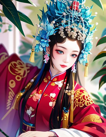 1girl, solo, branch, jewelry, hair ornament, flower, hair flower, holding, tassel, makeup, Artist, Chinese theatrical costume, Peking Opera