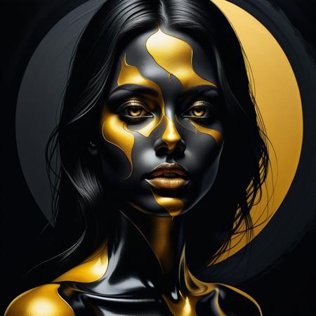 Ultra realistic color pencil  image of
a painting of a woman in black, confidence, sensuality, minimalistic silhouette , digital painting, figurative art, abstract painting , yellow black white golden colors, brush strokes, mesmerizing blend, hybrid art styles, hand-drawn dry brush style. gradient, depth and dimension, noir, dark fantasy, grunge, dramatic contrasts, mystery, ambiguity, curves, provoking, seductive, sultry., art by Alex Grey.
BREAK
Dark theme, dynamic lighting, (soft shadows), (soft focus), (photo realistic), uhd, 8k