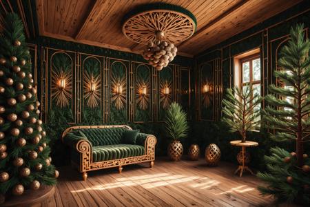 intricate room made of pines and needles, art deco, lush, gold black color palette, warm lighting, cinematic composition, (intricate pine details:1.9)