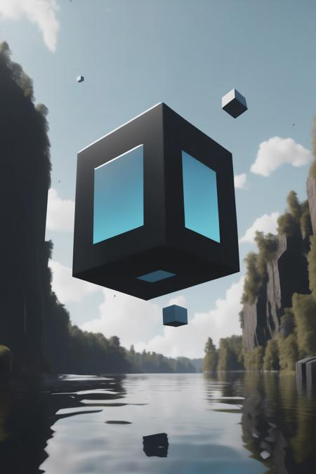 <lora:Levitating Cube:1>Levitating Cube - a group of cubes floating in the air over a river