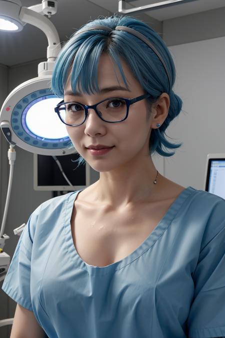 (RAW photo, best quality), operating room, overhead surgical light,blurred background, focused, dithering,backlighting,upper body,
<lora:Aya Miiko_3dCG_V3.0:0.4> (aya miiko, 3dcg03, 1girl, solo, redeyes, blue hair,glasses),
 <lora:surgical_Op_Scene_V1.0:0.5> surgical_examination_scene, multiple girls, intravenous drip, hospital gown, surgical mask,