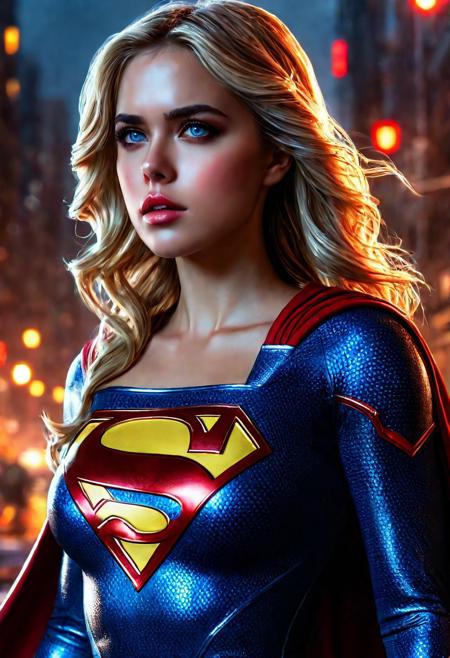 High resolution ultra-realistic of Beautiful bloody Supergirl fighting against alien invasion, cinematic style, standing on a bloody and stormy battle in a destroyed city in a fighting pose, bloody and dirty, realistic blue combat costume, red mini skirt, red cape, perfect athletic figure, wavy blonde hair, handsome bloody face, beautiful perfect detailed pupils, wet oily shiny skin, covered in dirty and blood, beautiful firm Breasts, defiant and seductive, attractive 21 year old Supergirl, 8k resolution concept art portrait by Greg Rutkowski, Kiernan Shipka, Dark Gotham City, Artgerm, WLOP, Alphonse Mucha, dynamic lighting, hyperdetailed, intricately detailed, Splash art trending on Artstation triadic colors, Unreal Engine, 5 volumetric lighting, Cinematic Lighting, intricate, smooth, sharp focus digital painting, Asymmetrical Balance, realistic eyes, ultra detailed atmospheric details, sparkle effects, realistic body proportions, beautiful body Supergirl proportions, complex masterpiece, dramatic atmosphere