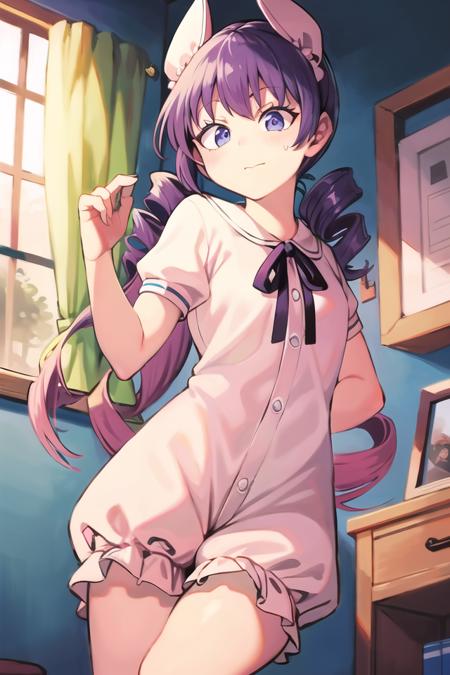 best quality, masterpiece,  masterpiece, best quality,  <lora:osamu_nishiv2-10:0.9>, own_hands_together,Bloomers,rape face, purple_hair,drill hair, solo,