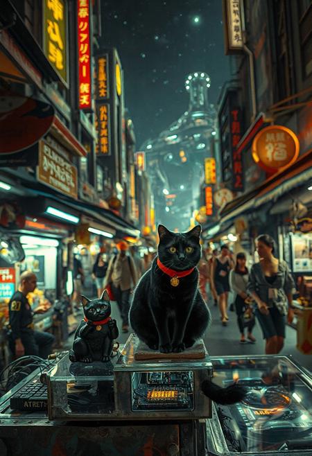 Setting is a futuristic cyberpunk street market at night, the market is comprised of street vendors selling robot parts, food, weapons, and robots. People wearing futuristic cyberpunk clothing are walking through the street market shopping and eating, A sleek black cat with red collar sits on a cluttered metal riveted desk with transparent top and micro-LED lighted computer components visible inside, On the desk is an ebony and gold maneki neko statue and futuristic art deco lighting, (((a beautiful woman, 24 years old, is standing in the foreground FACING THE VIEWER, she has an expression of interested curiosity)))))), the sleek black cat with red collar is sitting on the desk and watching the people walking by in the busy street market, the woman is dressed in futuristic cyberpunk ECLECTIC style yukata with a low neck line alluring aesthetic. An enormous art deco inspired starship with futuristic lighting and an enormous space station are visible in the background among the stars, The woman's hair is elegantly tied up with a ribbon. Artistic cyberpunk, dynamic perspective, (((overall architectural aesthetic is Art Deco Cyberpunk))).  Epic image that elicits a feeling of wonder and awe, (((((CLASSICALLY STYLIZED LIGHTING AND ARCHITECTURE FROM CHINA INDIA JAPAN FRANCE EGYPT ROME AND GREECE))))),