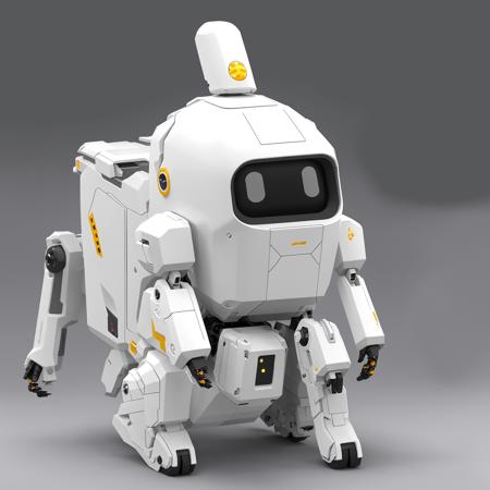 white robot dog,mecha, no humans, white background, solo, science fiction, non-humanoid robot, standing, black eyes, simple background, soft light. <lora:cute robota_v1:0.7>