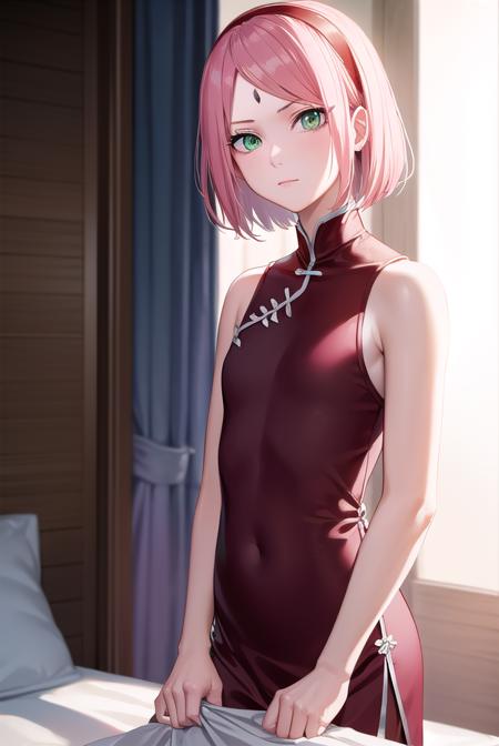 sakuraharuno, <lora:sakuraharunov2-lora-nochekaiser:1>,
sakura haruno, short hair, bangs, (green eyes:1.5), pink hair, hairband, facial mark, (forehead mark:1.2), red hairband, (swept bangs:1.5), (small breast:1.2),
BREAK chinese clothes, dress, red dress, short skirt, black shorts, gloves, black gloves, sleeveless,
BREAK looking at viewer,
BREAK indoors, bed,
BREAK <lyco:GoodHands-beta2:1>, (masterpiece:1.2), best quality, high resolution, unity 8k wallpaper, (illustration:0.8), (beautiful detailed eyes:1.6), extremely detailed face, perfect lighting, extremely detailed CG, (perfect hands, perfect anatomy),