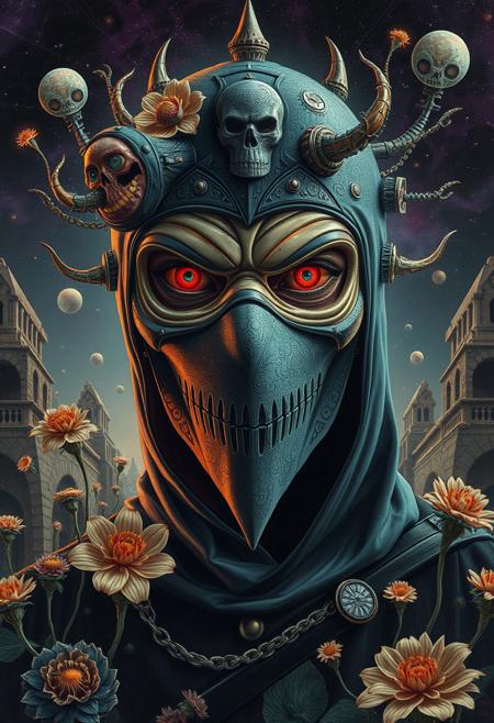 A masked assassin with shifting facial expressions, surrealism, symbolic transformation, retro-futurism, conceptual dreamscapes, psychedelic color palette, visual metaphor, uncanny objects, architectural fantasy, cosmic surrealism, intricate detailing, subconscious themes, otherworldly flora, poetic absurdity, luminous textures, surreal structures, metamorphic landscapes, abstract storytelling, psychological symbolism, tactile materials, mystical science fiction