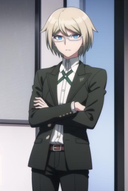 byakuyatogami, <lora:byakuya togami s1-lora-nochekaiser:1>,
byakuya togami, short hair, bangs, blue eyes, blonde hair, male focus, glasses, semi-rimless eyewear,
BREAK shirt, long sleeves, jacket, white shirt, open clothes, glasses, collared shirt, belt, pants, open jacket, black jacket, dress shirt, black pants, black belt, shirt tucked in, brown belt,
BREAK outdoors, classroom,
BREAK looking at viewer, (cowboy shot:1.5),
BREAK <lyco:GoodHands-beta2:1>, (masterpiece:1.2), best quality, high resolution, unity 8k wallpaper, (illustration:0.8), (beautiful detailed eyes:1.6), extremely detailed face, perfect lighting, extremely detailed CG, (perfect hands, perfect anatomy),