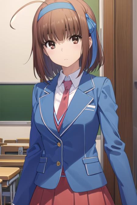 soratakanashi, <lora:sora takanashi s1-lora-nochekaiser:1>,
sora takanashi, short hair, brown hair, ribbon, (brown eyes:1.5), hair ribbon, ahoge, hairband, blue ribbon, blue hairband,
BREAK skirt, school uniform, jacket, necktie, blazer, (pink blazer:1.2), (red skirt:1.2),
BREAK indoors, classroom,
BREAK looking at viewer, (cowboy shot:1.5),
BREAK <lyco:GoodHands-beta2:1>, (masterpiece:1.2), best quality, high resolution, unity 8k wallpaper, (illustration:0.8), (beautiful detailed eyes:1.6), extremely detailed face, perfect lighting, extremely detailed CG, (perfect hands, perfect anatomy),