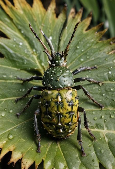 A horned beetle walking along the surface of a leaf. The leaf is covered in morning dew, and the dew drops glisten in the sunlight.