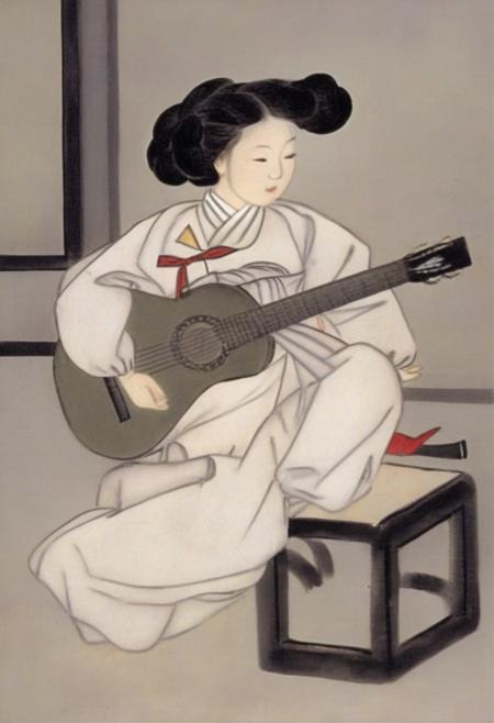 best quality, shinyunbok painting, a girl playing a guitar <lora:yunbok:1>