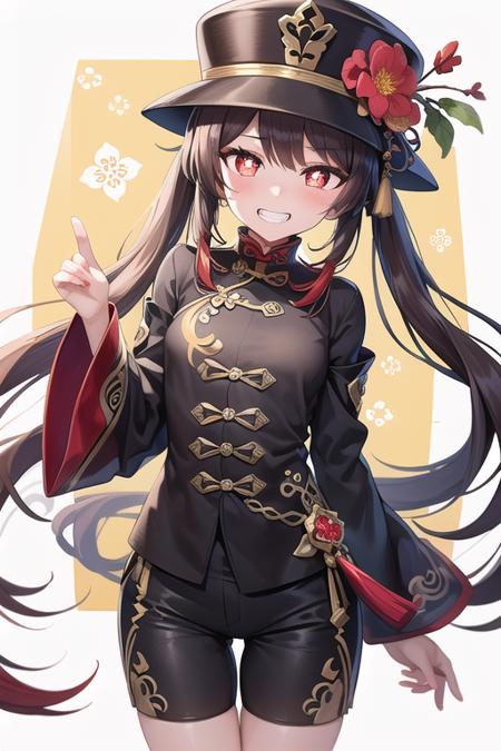 (HuTao/(GenshinImpact/)), red eyes, flower-shaped pupils, hat, long brown hair, bangs, twintails, chinese clothes, black shorts, wide sleeves, grin,