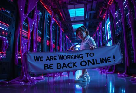 A high-tech server room in ruins, illuminated by the eerie glow of malfunctioning neon-blue and red LED lights. The walls are lined with towering server racks, each oozing thick, jelly-like purple goo that drips from vents and pours from cracks. The goo gleams unnaturally, casting faint purple light onto the floor, which is slick and reflective. Wires hang limply, and some spark with electricity, adding to the chaotic, rotten ambiance.
Amid the chaos, a perfectionist cleaning woman with a determined expression meticulously scrubs at the goo with a professional-grade cleaning tool. She is dressed in a spotless uniform, complete with gloves and a neatly tied back hairstyle. Her pristine appearance is in sharp contrast to the grimy, deteriorated environment.
In the foreground, a large banner hangs crookedly to one side, reading: “We Are Working to Be Back Online” in bold, futuristic typography. The shot is taken with a 12mm cinema fisheye lens, giving a dramatic distortion to the scene. The servers seem to curve ominously toward the viewer, amplifying the sense of decay and urgency in the room.