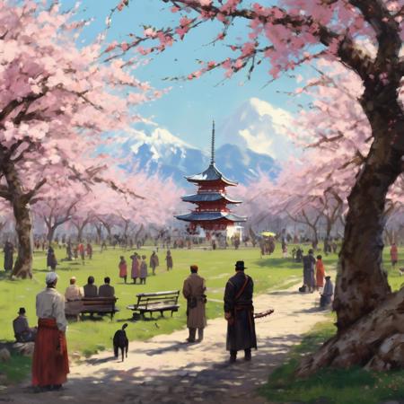 artwork in jrst artstyle of a park with cherry blossoms and people, hd, 4k, high-quality