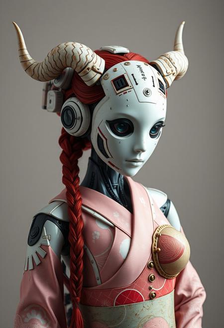 best quality, highly detailed, intricate details, extremely detailed, smooth lines, an android robot designed as a geisha, curvy body, seducive pose. Beautiful face, The android face plate is made of white ceramic material, with many mechanical parts. The android has camera lens eyes, protruding from her face, and clear signs of rusting and wear. She is also wearing traditional intricate Japanese clothes, wide hips and thick thights , two long redhead braids, two long ceramic horns on head, futuristic, technological, alien worlds, space themes, advanced civilizations