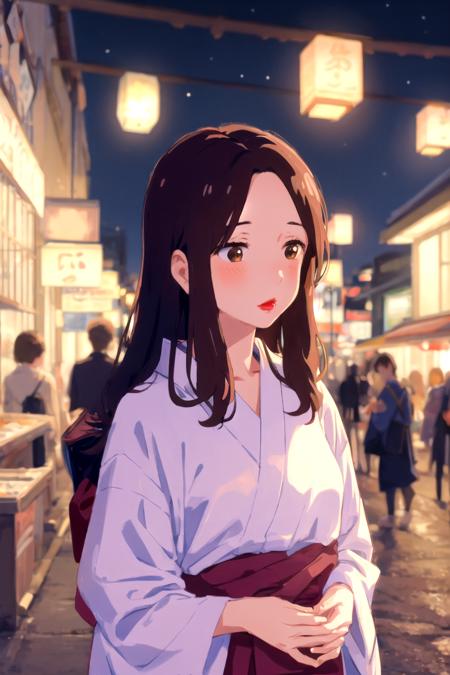 masterpiece, best quality, 1girl, solo, beautiful, Miki Okudera, brown hair, long hair, cityscape, night, lantern, upper body, front view, cute, blush, simple background, blurry background, yukata, lipstick