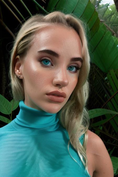 a stunning woman in a stunning light teal turtleneck dress, in a jungle paradise, cinematic lighting, (stunning eyes, extreme close up), perfect face, no makeup, raw, 8k uhd,  <lora:juultjeTieleman:1>