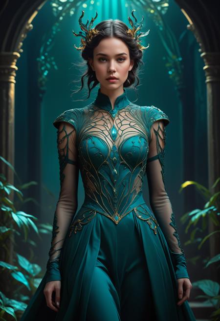 ethereal fantasy concept art of  Roku WildCards/Dreamshaper Quality, <lora:Alexander McQueen-art nouveau fashion embroidered:1>,Alexander McQueen,art nouveau,fashion embroidered,<lora:Abstract Concept-1girl:0.8>,concept art,1girl,<lora:LetThereBeLight:0.2>,Beeple,dark teal lighting, . magnificent, celestial, ethereal, painterly, epic, majestic, magical, fantasy art, cover art, dreamy