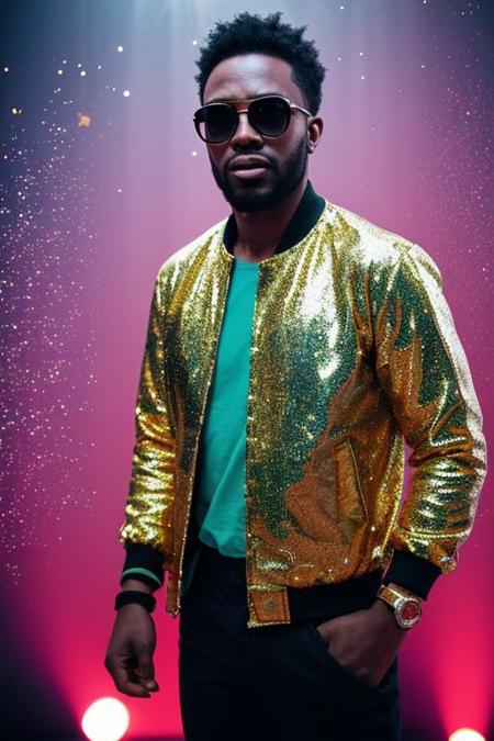 raw photo, upper body, disco, (80s, retro:1.1), dance floor, lasers, rainbow theme, a dancer man, 30 years old, sunglasses, big afro, (manly, wide jaw:1.2), dark skin, sparkly jacket, golden shirt, (vibrant colors:0.9), film grain, bokeh, fashion magazine