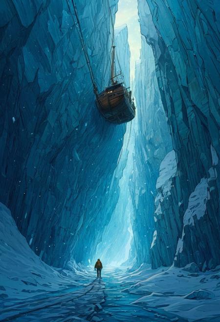 Cape Town in the Van Gogh style, starry sky, Dan Mumford, Andy Kehoe,  A daring adventurer navigates a narrow, icy ledge on a towering glacier under the pale light of an arctic dawn. They wear a heavy, fur-lined jacket with climbing gear strapped tightly, their breath visible in the freezing air. Below them, a vast frozen ocean glimmers, while in the distance, the silhouette of a long-forgotten shipwreck emerges from the frost. The scene is tense and exhilarating, inspired by the epic scale of Albert Bierstadt and the crisp realism of Pascal Blanche.