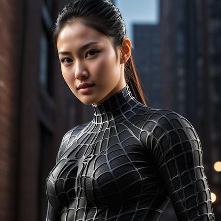 score_9, score_8_up, score_7_up, best quality, realistic, masterpiece, beautiful detail, hyperrealistic, night, ((1girl, woman body, large breast)), amazing detailed full body of a cute korean woman, wearing a realistic and highly detailed black raimi spider-man suit, ((defined muscular girl)), professional model wears ultra - detailed black raimi spider - man suit, ultra - detailed and grained black raimi spiderman suit, suit covered entire body and hand, black spiderman gloves, wet, (light smile, dynamic pose, black hair, ponytail hair), close up, octane render, highly detailed, volumetric, dramatic lighting, (highest quality:1.1), (HDR:1.3), (top quality, best quality), realistic, high definition, sharp contrast between light and shadow, athletic and fit physique, highly detailed and accurate portrayal, photorealistic rendering, tense and alert atmosphere cinematic scene, cinematic lighting, intricate detail skin and facial texture, lifelike expression, accurate character design, interesting and complex background details,