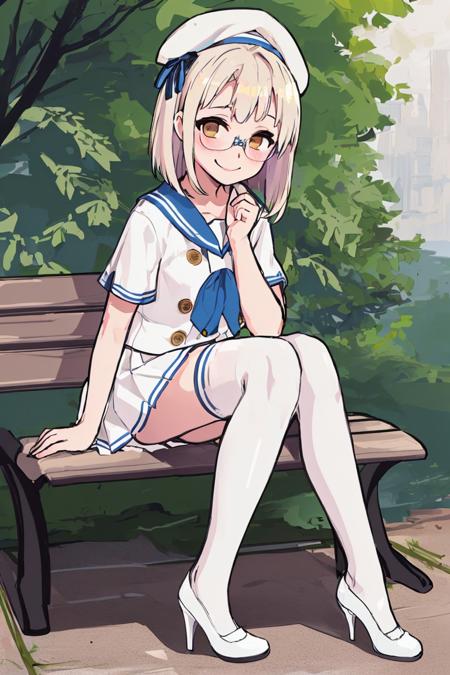 neon \(nikke\) <lora:neon_nikke_v01:0.8>,
looking at viewer, 1girl, glasses, white beret, white shirt, white skirt, miniskirt, thighhighs, high heels, ((white shoes)), smile, blush, full body, medium hair, sitting on a bench, golden buttons on chest, blue kerchief,