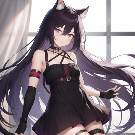 masterpiece,best quality,absurdres,highres,1girl,solo,upper body,animal_ears,very_long_hair,black_gloves,cat_ears,fingerless_gloves,thigh_holster,black_dress,cat_tail,looking_at_viewer,black_thighhighs,asymmetrical_gloves,animal_ear_fluff,uneven_gloves,short_dress,purple_hair,black_footwear,cat_girl,elbow_gloves,thigh_strap,zettai_ryouiki,black_hair,pink_eyes,armband,choker,sleeveless_dress,criss-cross_halter,bangs,hair_between_eyes,purple_eyes,arm_strap,boots,small_breasts,<lora:Melantha(ark)>,