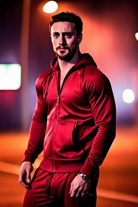 aaron taylor-johnson a man <lora:Aaron-Taylor-Johnson:1>, realistic photo in a worn (( red tracksuit, massive hairy pecs)), big pecs, big arms, ((light bokeh)), intricate, (steel metal [rust]), elegant, exuding sexual energy, homoerotic, sharp focus, photo by greg rutkowski, soft lighting, vibrant colors, (masterpiece), ((streets)), (detailed face), looking at viewer, light smile, night, walking towards viewer, cinematic lighting, beautiful lighting, cinematic lighting, (hazy filter, film grain:1.2)