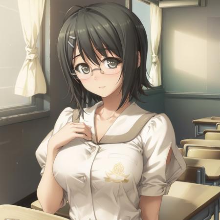 yorihime nao, glasses, large breasts,  hairclip,  school uniform, classroom, visual novel <lora:yorihime_nao_v2:0.8>, masterpiece, best quality