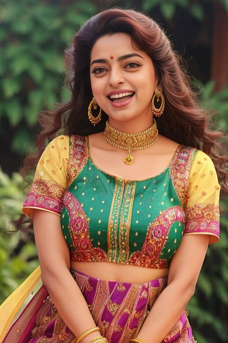 hires  photo of juhi woman, studio quality, looking straight at viewer, detailed high collar ethnic dress, laughing, background bokeh <lora:Juhi_Chawla_SD15_LoRA:1>