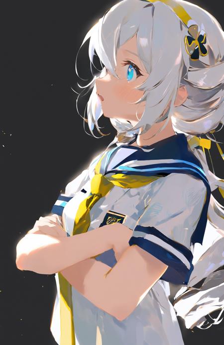 masterpiece, best quality,1girl, kiana kaslana, solo, blue eyes, open mouth, white hair, long hair, short sleeves, bangs, crossed arms, drill hair, hair ornament, blush, black background, :o, twin drills, school uniform, necktie, yellow necktie, shirt, hair between eyes, white shirt, looking away, sailor collar, looking to the side, hairband 
////////,  <lora:reikoXL128dim-000101:1>