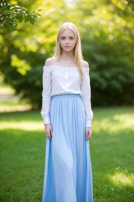 analog photo, a cute girl, 22 years old, blonde hair, long hair, (white shirt), long sleeves, blue dress, long dress, blue eyes, bare shoulders, <lora:Roxy Hart:0.7>, innocent, Porta 160 color, shot on ARRI ALEXA 65, bokeh, sharp focus on subject, shot by Don McCullin, nsfw,