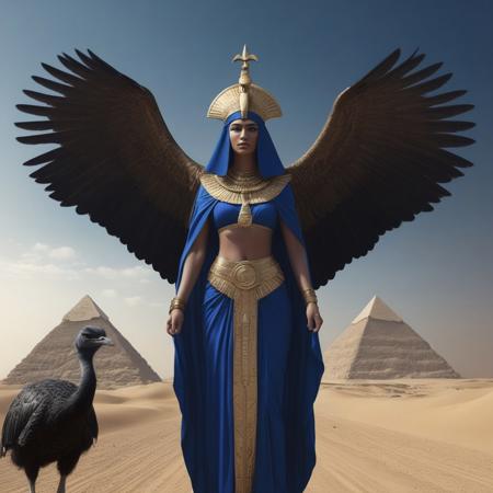 Egyptian goddess Maat represented as a winged woman, 
with royal blue robes and golden ornaments, 
with an ostrich feather on her head, 
desert background and a pyramid in the distance, 
artistic hyper realism., 
black and white still, 
digital Art, 
perfect composition, 
beautiful detailed intricate insanely detailed octane render trending on artstation, 
8 k artistic photography, 
photorealistic concept art, 
soft natural volumetric cinematic perfect light, 
chiaroscuro, 
award - winning photograph, 
masterpiece, 
oil on canvas, 
raphael, 
caravaggio, 
greg rutkowski, 
beeple, 
beksinski, 
giger