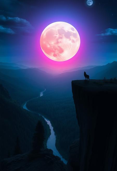 Generate a striking nighttime landscape from the viewpoint of a high cliff on a mountain. A large, bright neon-colored moon, glowing with intense hues of electric blue and green, dominates the sky, casting an otherworldly light over the scene. Below, a vast, dark forest stretches into the distance, with a winding river reflecting the moon's vibrant glow. At the edge of the cliff, a lone wolf stands, silhouetted against the glowing moon, howling into the night. The scene should be detailed and atmospheric, blending the wild, natural beauty with a surreal, neon-lit ambiance.