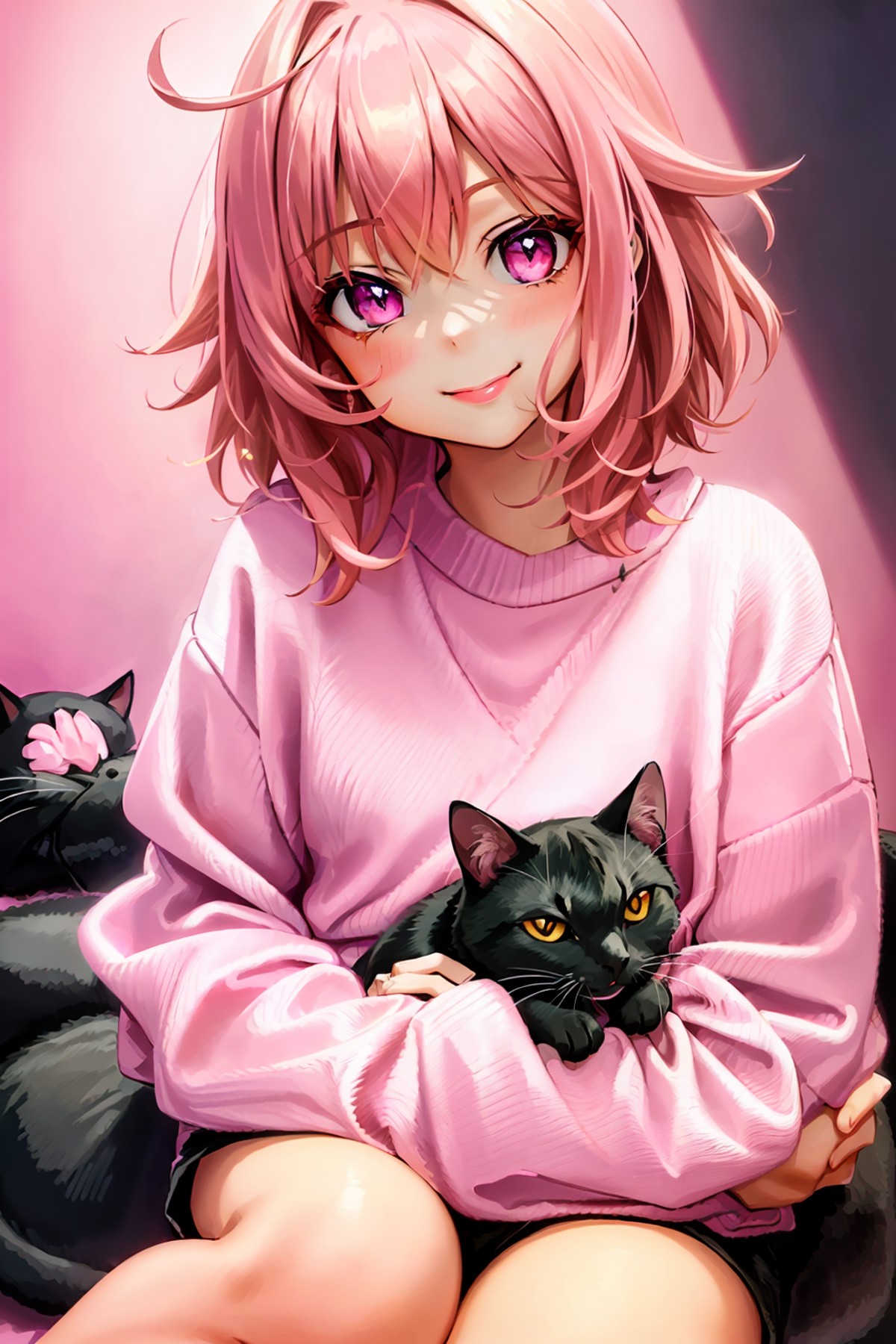 (anime), thick linework, portrait of a girl holding a (small black cat), sitting, blep, smiling, teeth,(wearing pink sweat...