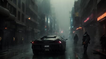 ((masterpiece:1.5)), {best quality}, Man wearing long coat holding a gun facing away with Lamborghini concept cars on a cyberpunk street in the style of Blade Runner, ((bladerunner2049)), flying cars in the background, man wearing long coat with back turned, tall buildings, street, city, ((gun in hand)), ((holding a gun)), highres, 8k, good lighting, cinematic, movie, ((colored heavy fog)), saturation, sharp image, lens flare, (wallpaper), award winning photography, ((wide angle photo:1.4)), high definition, epic, insanely detailed, hyper-realistic, super detailed, realistic, ((volumetric lighting:1.4)), <lora:Blade_Runner_Style:.4>