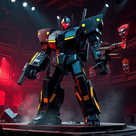 "Ultra-detailed 3D render of Transformers Machina Possesstorage, a towering mechanoid with jet-black carbon-fiber armor accented by neon-yellow hazard striping, standing in a combat-ready stance on a corroded steel stage within the Abyss Playhouse - Fantastic Theater. Its right arm mounts a glowing plasma cannon charging with crimson energy, while the left arm features a compact railgun with holographic targeting reticles. The robot's angular head glows with a scarlet visor piercing through hydraulic smoke, casting dramatic shadows across its industrial chassis. The theater backdrop features collapsing cyber-baroque architecture, floating holographic kabuki masks, and debris suspended in zero-gravity fields. Dramatic Dutch angle shot with Unreal Engine 5 ray tracing, Octane Render hyper-detailed textures, and Raphael-style chiaroscuro lighting. Metallic surfaces reflect neon spotlights and digital glitches, while splash ink weathering blends with Houdini particle simulations for a dieselpunk-meets-cyberpunk aesthetic. 8K resolution, ArtStation-trending composition, golden ratio framing, dominated by obsidian black, electric yellow, and emergency red with chromatic sci-fi aberrations."