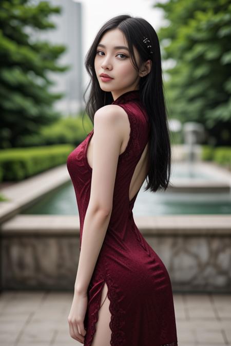 1woman, black hair, center parted long hair, realistic, masterpiece, high detailed skin, wearing random dress, looking at viewer, outdoor view, solo
<lora:Velvet_cheongsam_By_Stable_Yogi:0.8>red velvet cheongsam