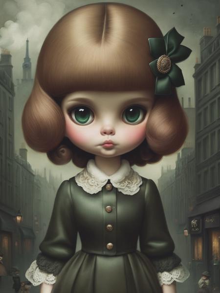 <lyco:MarkRyden:1.0> mark ryden style, drawn, watercolor blythe doll bust like a little match girl with smoke face , light brown hair, in brown, black and dark green clothes, a backround a victorian style london street