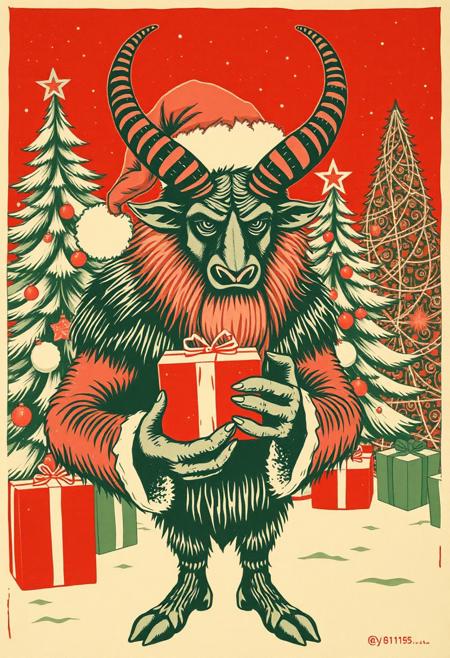 Woodblock print of Krampus wearing a Santa hat and holding Christmas present in front of decorated Christmas trees. Looking at viewer. woodcut. linocut. no text. red, green colours