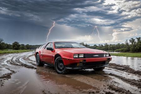 best quality, 4k, 8k, ultra highres, raw photo in hdr, sharp focus, intricate texture, photograph of dmc12 car <lora:dmc12-000006:0.65> red body, driving through a muddy road, through a thunderstorm in the bayou, masterpiece, award winning, dramatic lighting, sharp focus, smooth, intricate details, 8k wallpaper, trending on artstation