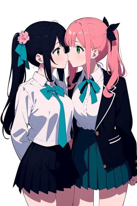 (2girls:1.2), (masterpice:1.2), highres, outdoors, (yuri:1.3), (kiss:1.2), cowboy shot, school, ADDCOMM
(1girl,  pink hair, medium hair,hair ornament, hair flower, green eyes,school uniform, black skirt, miniskirt, pleated skirt, black jacket, white shirt,collared shirt, long sleeves, neck ribbon,ribbon, thighs, large breasts) BREAK
(1girl, 
karane_wz,vblonde hair, twintails, long hair, hair ribborn, hair ornament, green eyes,v-shaped eyebrows, green ribbon, pleated skirt,miniskirt, black skirt, white shirt, collared shirt, long sleeves, wing collar, brown cardigan),  (2girls:1.2), (masterpiece:1.3), (high resolution), (8K), (extremely detailed), (4k), (pixiv), perfect face, nice eyes and face, (best quality), (super detailed), detailed face and eyes, textured skin, absurdres, highres