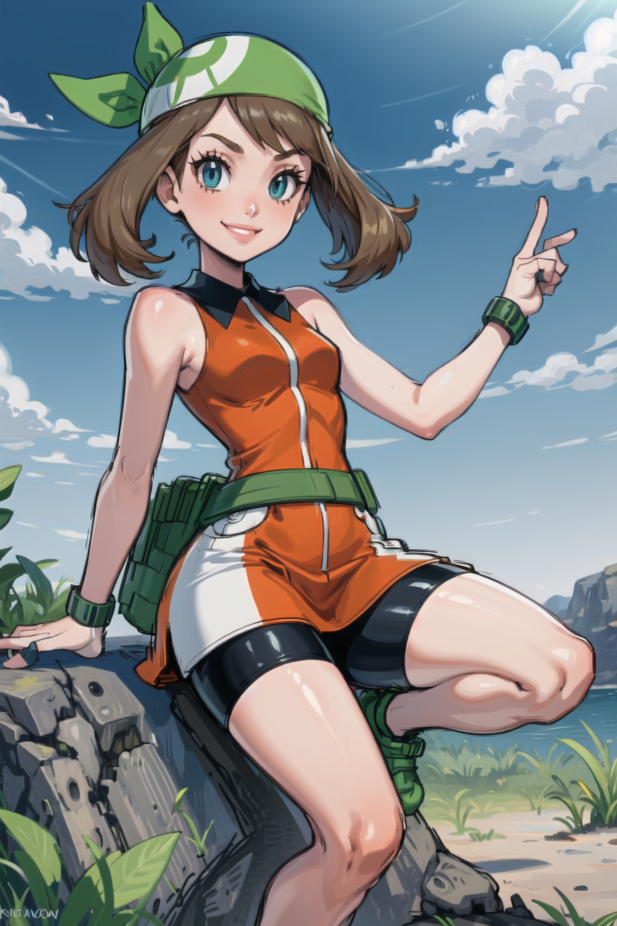 masterpiece, best quality, AS-Younger, <lora:MayRSELora:0.7>, may \(pokemon\), orange dress, sleeveless, smile, green band...