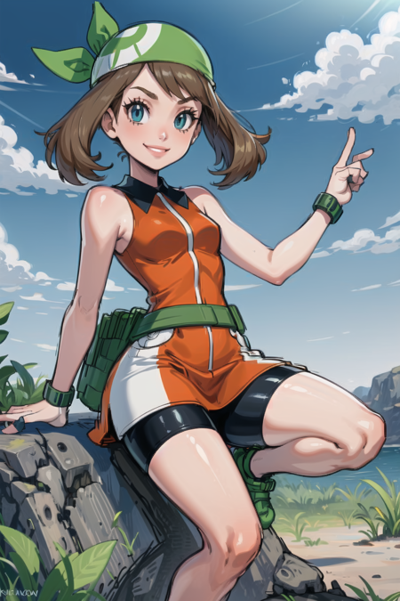 masterpiece, best quality, AS-Younger, <lora:MayRSELora:0.7>, may \(pokemon\), orange dress, sleeveless, smile, green bandana, green fanny pack, bike shorts under skirt, solo, 1girl