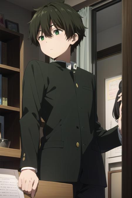 houtarouoreki, <lora:houtarou oreki s1-lora-nochekaiser:1>,
houtarou oreki, short hair, bangs, black hair, hair between eyes, (green eyes:1.5), male focus,
BREAK school uniform, gakuran,
BREAK indoors, classroom,
BREAK looking at viewer, (cowboy shot:1.5),
BREAK <lyco:GoodHands-beta2:1>, (masterpiece:1.2), best quality, high resolution, unity 8k wallpaper, (illustration:0.8), (beautiful detailed eyes:1.6), extremely detailed face, perfect lighting, extremely detailed CG, (perfect hands, perfect anatomy),