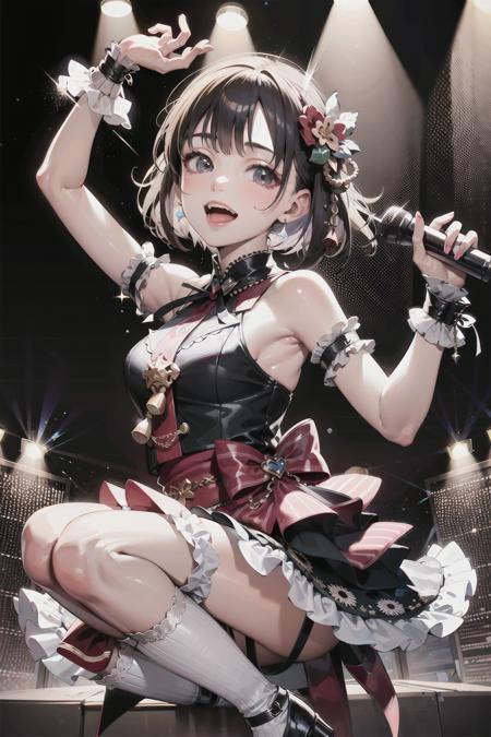 best quality, masterpiece,


1 young girl,solo ,slender,small breast,(japanese idol outfit in black),
cheerful,open mouth,

in a live house,stage lighting, stage spotlight,<lora:jp idol costume:0.7>,