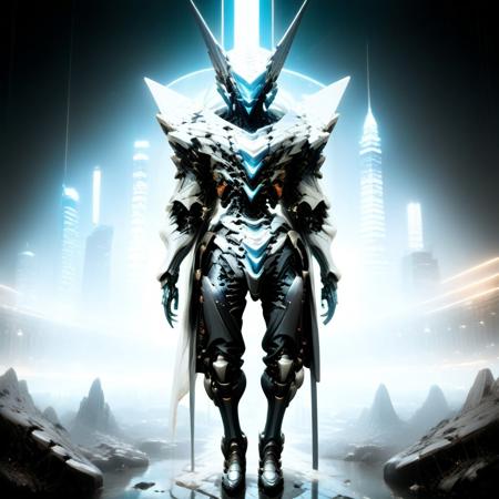 masterpiece, best quality, amazing quality, very aesthetic, perfect eyes, Sinozick_illu, crestyle, Sinozick_illu, gr4ph1t3,
,solo, blue_eyes, no_humans, night, glowing, robot, building, mecha, glowing_eyes, science_fiction, city, cable, open_hands, humanoid_robot,A highly detailed, realistic CGI image of a futuristic, sci-fi robot with a sleek, metallic body and glowing blue eyes. The robot stands confidently on a rocky surface, facing the viewer. The background features a night cityscape with tall buildings and a tall tower. The sky is filled with stars, and the robot has a metallic sheen. The image has a watermark in the bottom right corner that reads "AR17.3". The overall aesthetic is dark and moody.