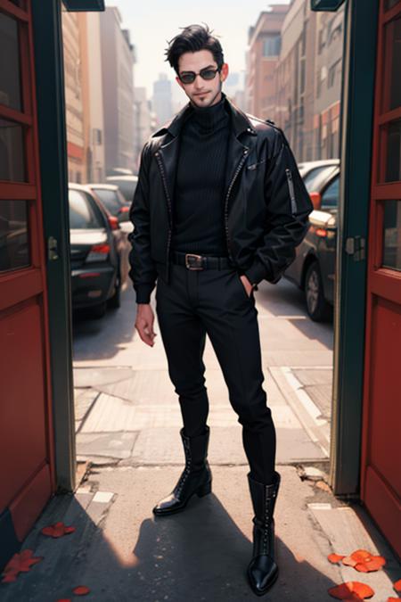 Deanmccoppin,  1guy,  black turtleneck,  black jacket,  , sunglasses,  facial  hair,  belt,  pants,  boots,  best quality:1.2),  smirk,  masterpiece,  highness,  perfect face,  perfect picture,  detailed eyes,  sharp focus,  full body,  flowers, <lora:EMS-50964-EMS:1.000000>