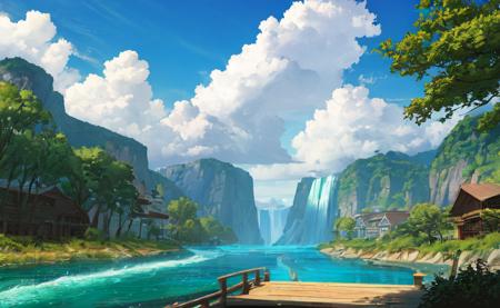 ConceptArt, no humans, scenery, water, sky, day, tree, cloud, waterfall, outdoors, building, nature, river, blue sky